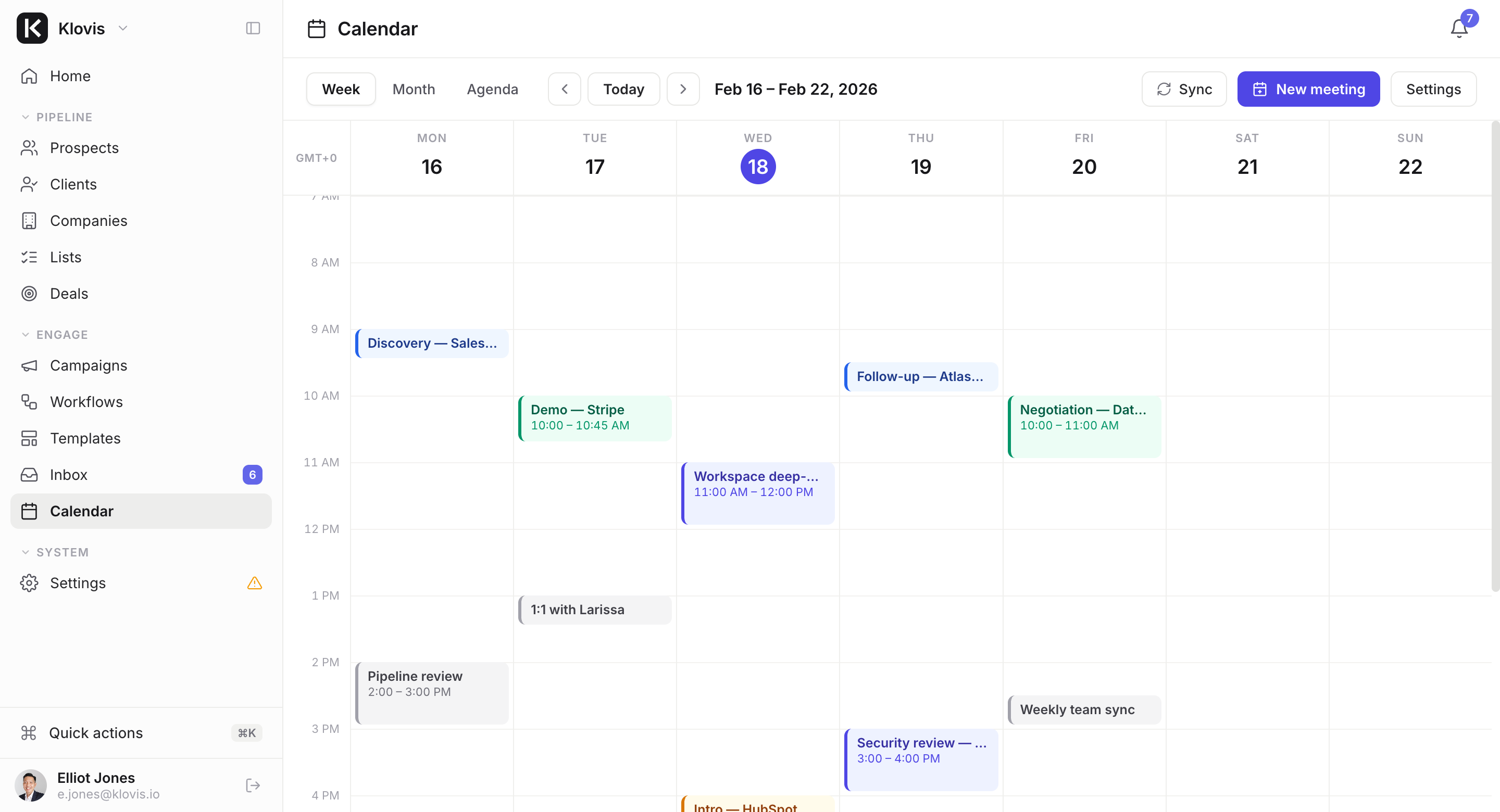 The Klovis calendar with a week of meetings