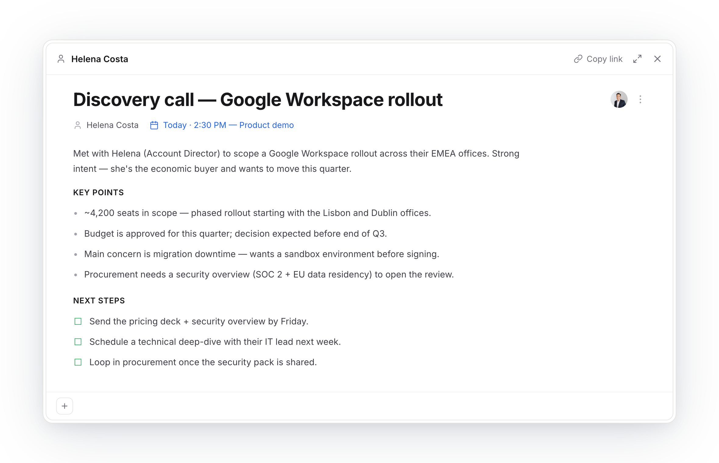 A structured call note