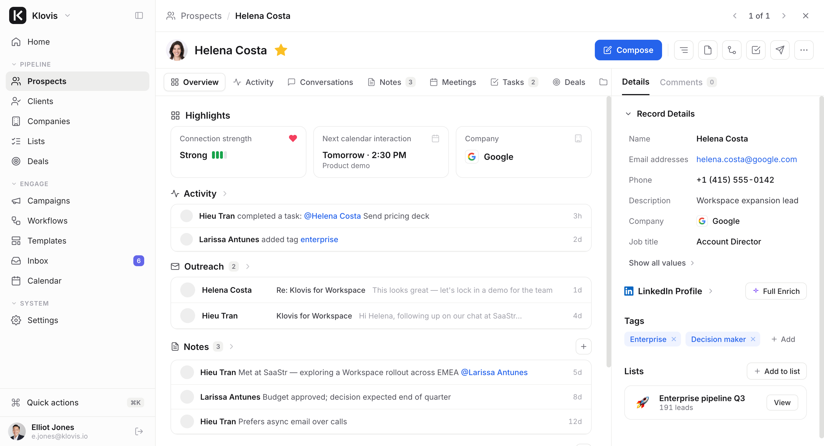 A Klovis prospect record with activity, notes, meetings and tasks